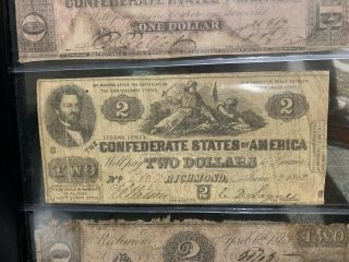 Confederate Currency Notes Denominations 1,  2,  2,  5,  10,  20,  50,  & 100.  8 Notes Total