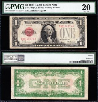 Scarce Bold Mid - Grade Vf 1928 $1 Red Seal Us Note Pmg 20 A00170374