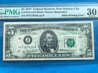$5 1977 Error Offset Print Federal Reserve Note Vf 30 Epq.