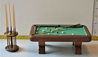 Artist Pool Table W/cue Stand & Cues & Balls Dollhouse Miniature Signed 1:12