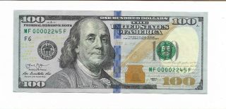 Low Serial Number $100 Bill.  Mf00002245f.  Circulated Frn.