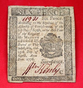 April 25,  1776 6 Pence Pennsylvania Colonial Note Pa - 199