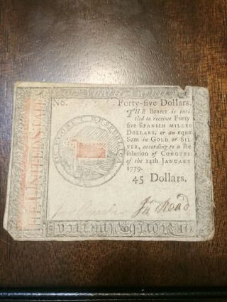 Continental Currency Colonial $45 Note January 14 1779 Congress