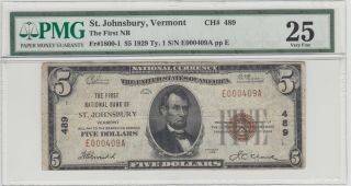 $5 First National Bank Of St.  Johnsbury,  Vermont,  1929 Series Ch 489 Vf25