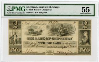 1838 $2 The Bank Of Chippeway - Sault De St.  Marys,  Michigan Note Pmg Au 55