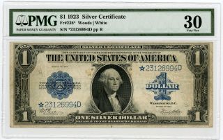 1923 Fr.  238 $1 United States Silver Certificate Star Note - Pmg Vf 30