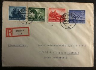 1944 Breslau Germany Registered Cover To Gołdap Poland Wehrmacht Stamps