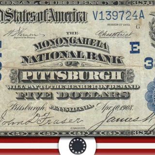 1902 $5 Pittsburgh,  Pa National Bank Note Pennsylvania Currency