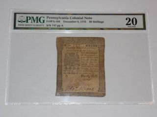 Pennsylvania Colonial Note Pmg 20 Very Fine 1775 20 Shillings Twenty Shilling