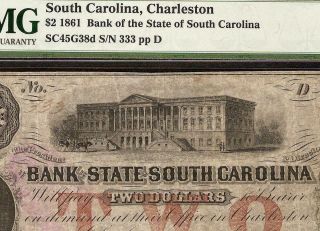 1861 $2 Solid Sn 333 South Carolina Bank Note Large Currency Paper Money Pmg 30