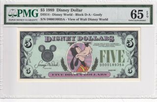 1989 Disney Dollar $5 Block D - A - Goofy Pmg 65 Epq Gem Unc