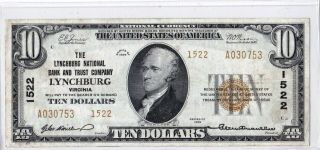 $10 1929 T2 National Lynchburg Virginia Va Higher Grade Note