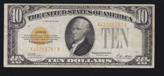 Us 1928 $10 Gold Certificate Fr 2400 Vf - Xf (- 797)