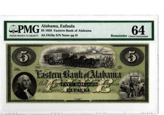1858 $5 Eastern Bank Of Alabama,  Eufaula Al15 - G8a Obsolete Pmg 64 19 - C360