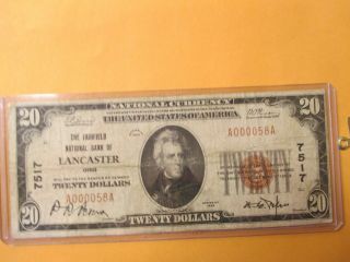 1929 $20 The Fairfield National Bank Of Lancaster,  Ohio Low Serial 58