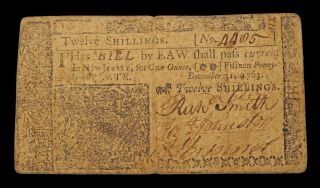 Jersey December 31,  1763.  12 Shillings,  Serial 44075.  Nj - 156.