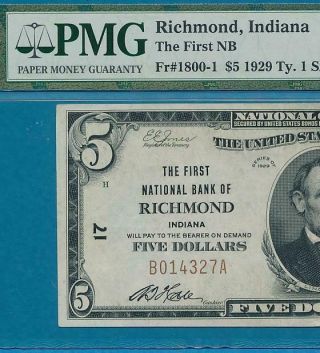 $5.  00 1929 The First N.  B.  Of Richmond Indiana Charter 17 Pmg Xf40epq