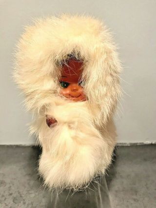 Vtg Toy Eskimo Doll Inuit Child Baby Rabbit Fur Native Tribal