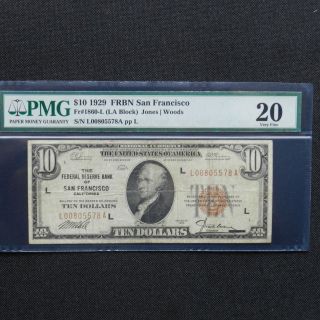 1929 $10 Frbn San Francisco,  Fr 1860 - L (la Block) Jones/woods,  Pmg 20 Very Fine