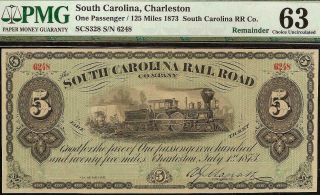 Large 1873 $5 Dollar Bill South Carolina Rail Road Train Note Paper Money Pmg 63