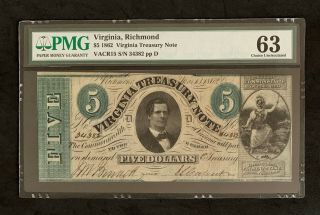 Nqc Richmond,  Va - Virginia Treasury Note 1862 $5.  Pmg Choice Uncirculated 63
