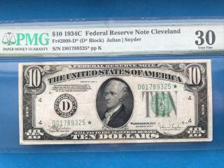 $10 1934 - C Star Federal Reserve Note Vf 30.