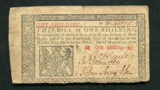 Nj - 175 March 25,  1776 1s One Shilling Jersey Colonial Currency Note Vf
