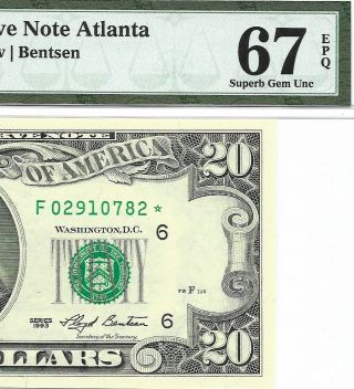 1993 $20 Atlanta Star ⭐️ Banknote,  Pmg Gem Uncirculated 67 Epq,  2 Of 2