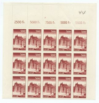 Saar,  1952 Top Value 500 Fr.  Mnh,  Block Of 15 No Faults,  Mi.  337,