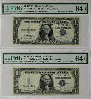 1935 D $1 Silver Certificate Pmg Cert 64/64 Epq Change Over Pair Wide/narrow