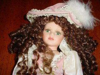 Seymour Mann - Porcelain Doll - 18 " - Pink Dress - Dark Curly Hair - Stand