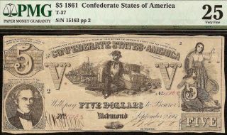 1861 $5 Dollar Bill Confederate States Currency Civil War Note Better T - 37 Pmg