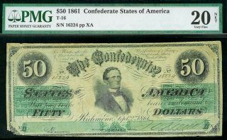 1861 Confederate State Of America $50 Richmond Virginia Note Pmg Very Fine 20