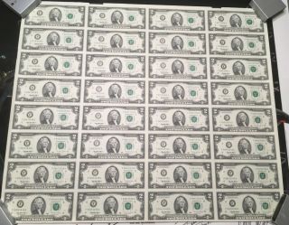1995 Uncut Sheet Of 2 Dollar Bills = Bureau Of Engraving = 32 Crisp Notes =