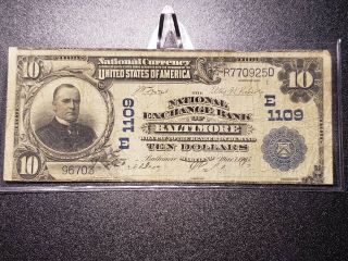 1902 National Exchange Bank Baltimore Md Hard - To - Find Us $10 Currency Note