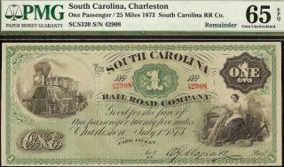 Large 1873 $1 Dollar Bill South Carolina Train Fare Ticket Note Money Pmg 65 Epq