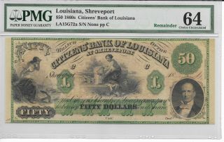 $50 Louisiana Citizens Shreveport Bank Note 1860 G72a Pmg 64 Choice Uncirculated