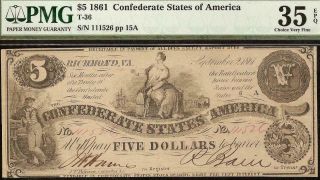 1861 $5 Dollar Bill Confederate States Currency Civil War Note Money T - 36 Pmg 35