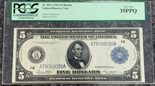 1914 $5 Boston Federal Reserve Note Fr.  847a Pcgs Graded Vf35 Ppq Nr