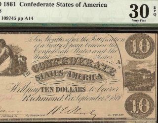1861 $10 Dollar Bill Confederate States Currency Civil War Note T28 Pmg 30 Epq