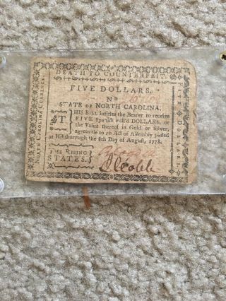 North Carolina Colonial Currency,  $5 Dollars August 1778 The Rising States