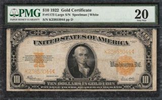 Gold Certificate 1922 $10 Hillegas Fr.  1173 Large S/n Pmg Very Fine Vf 20 C2c