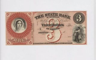 1850s - 1860s The State Bank Of Michigan Obsolete $3 Dollar Bank Note