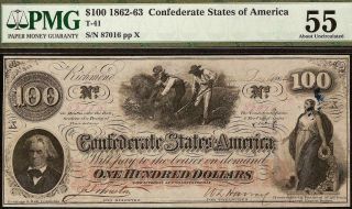 1862 $100 Dollar Confederate States Currency Civil War Hoer Note T - 41 Pmg 55