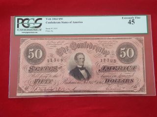 T - 66 1864 $50 Csa Confederate Note " Jefferson Davis " Pcgs 45 Extremely Fine
