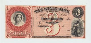 1850s - 1860s State Bank Of Michigan $3 Obsolete Currency Note Three Dollars Bill