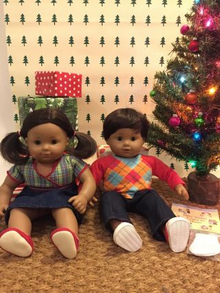 American Girl Bitty Baby Twin Dolls Brunette W Carrier Tote,  Mini Bags - Euc