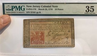 1776 Jersey Colonial 18 Pence Note Fr Nj - 176 Pmg 35 Very Fine Note March 25