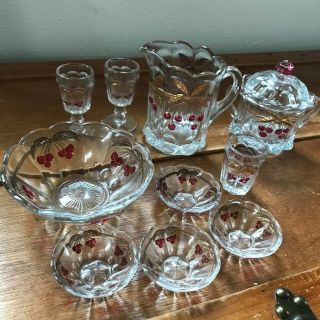 American Girl Samantha Clear Glass With Cherries Berry Bowl & 4 Bowls Lemonade P