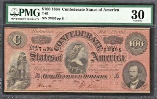 1864 $100 Confederate States Of America Note T - 65 Pmg Vf30